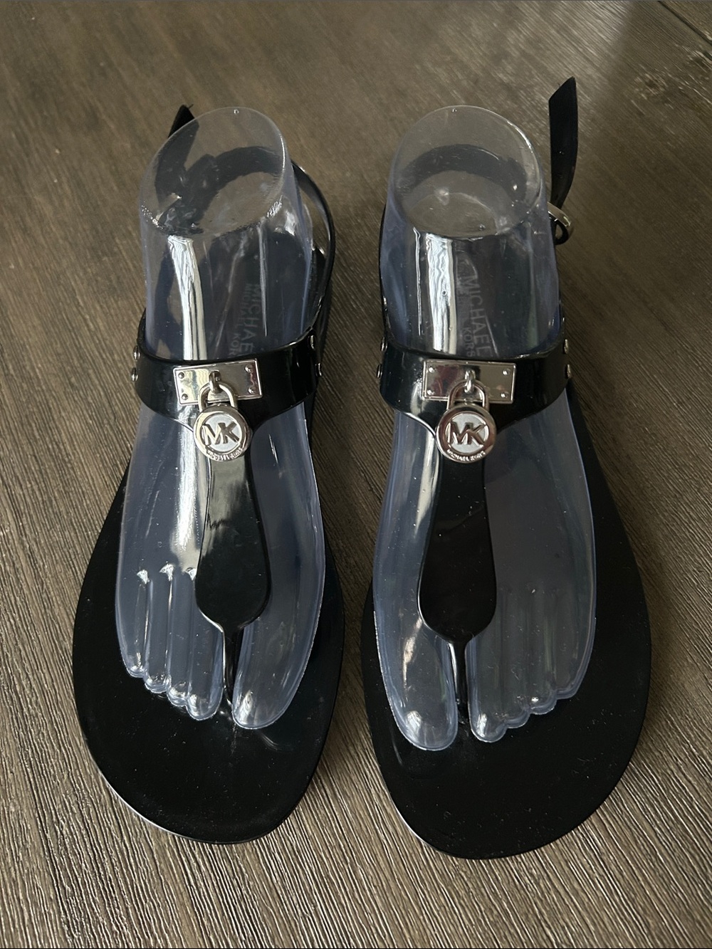Michael Kors Black Patent Thong Sandals with Silver MK Charm